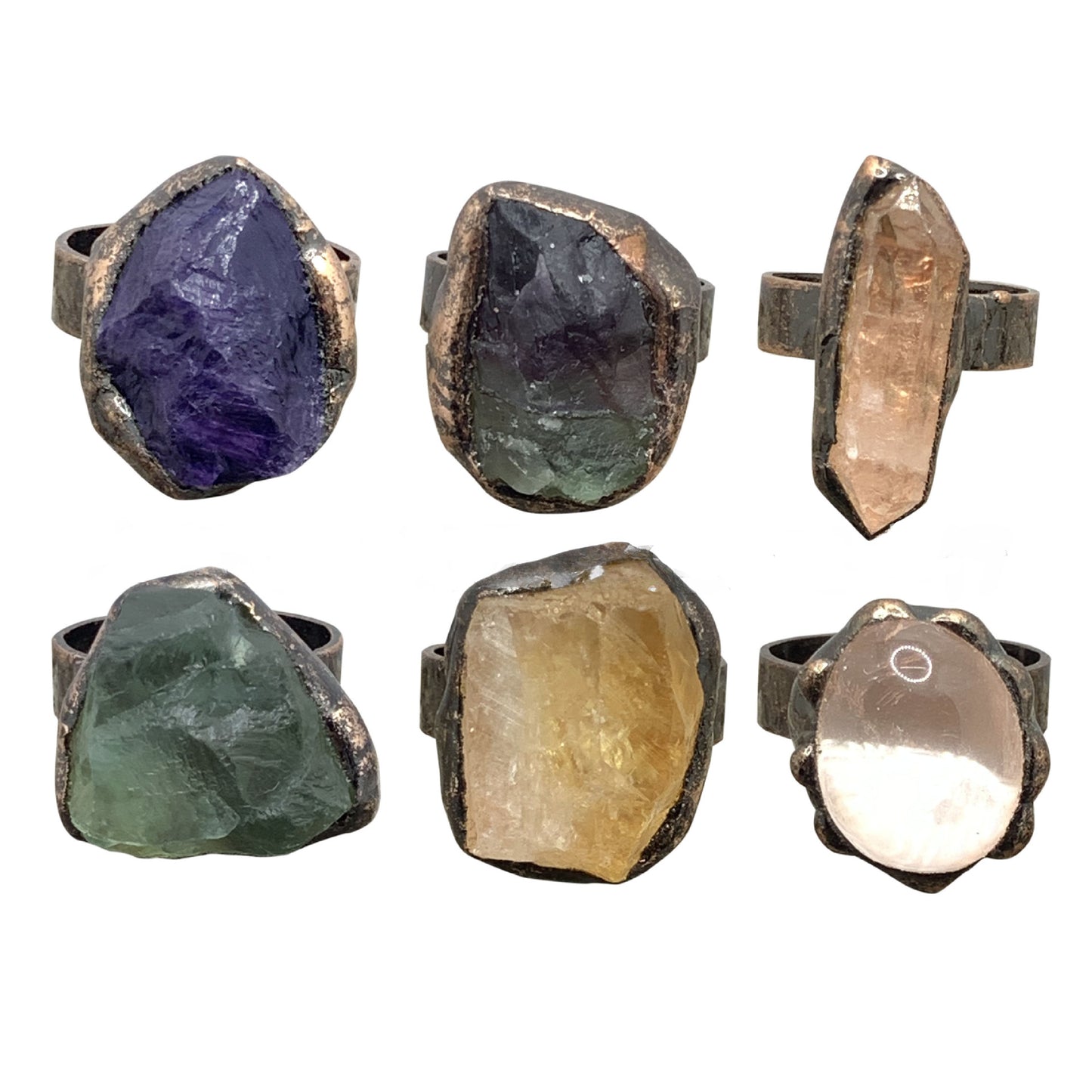 Natural Original Stone Purple Yellow White Crystal Fluorite Amorphous Opening Adjustable Rings